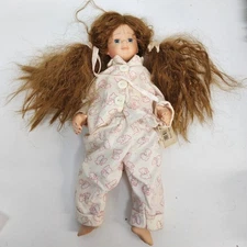 Vintage White Puppy Print Porcelain Doll with Blonde Curly Hair & Outfit 12"