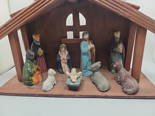 Vintage Nativity Scene Birth Of Christ Set 9 Piece Figurines Pre-owned - Picture 3 of 7