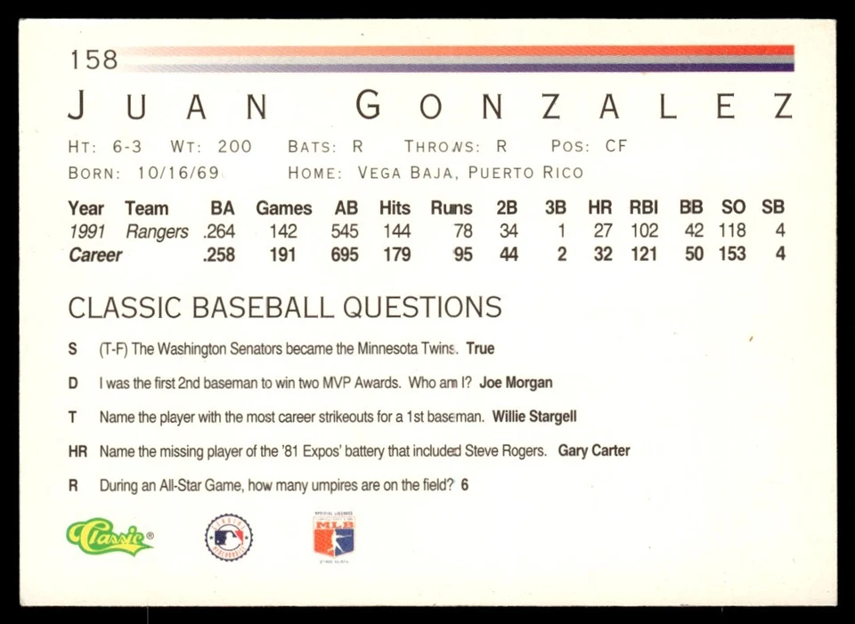 1992 Classic Game Juan Gonzalez Texas Rangers #158 - Image 2 of 2