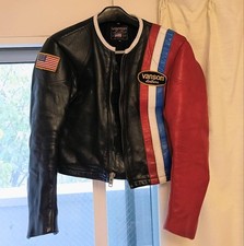 Giacca pelle VANSON a righe moto corsa nero rosso blu bandiera talon taglia 3
