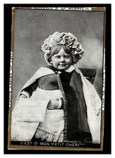 C-EST D'MON PETIT CHERI CHOCOLAT INIMITABLE 1900'S TRADE CARD CUTE KID CLOAK HAT