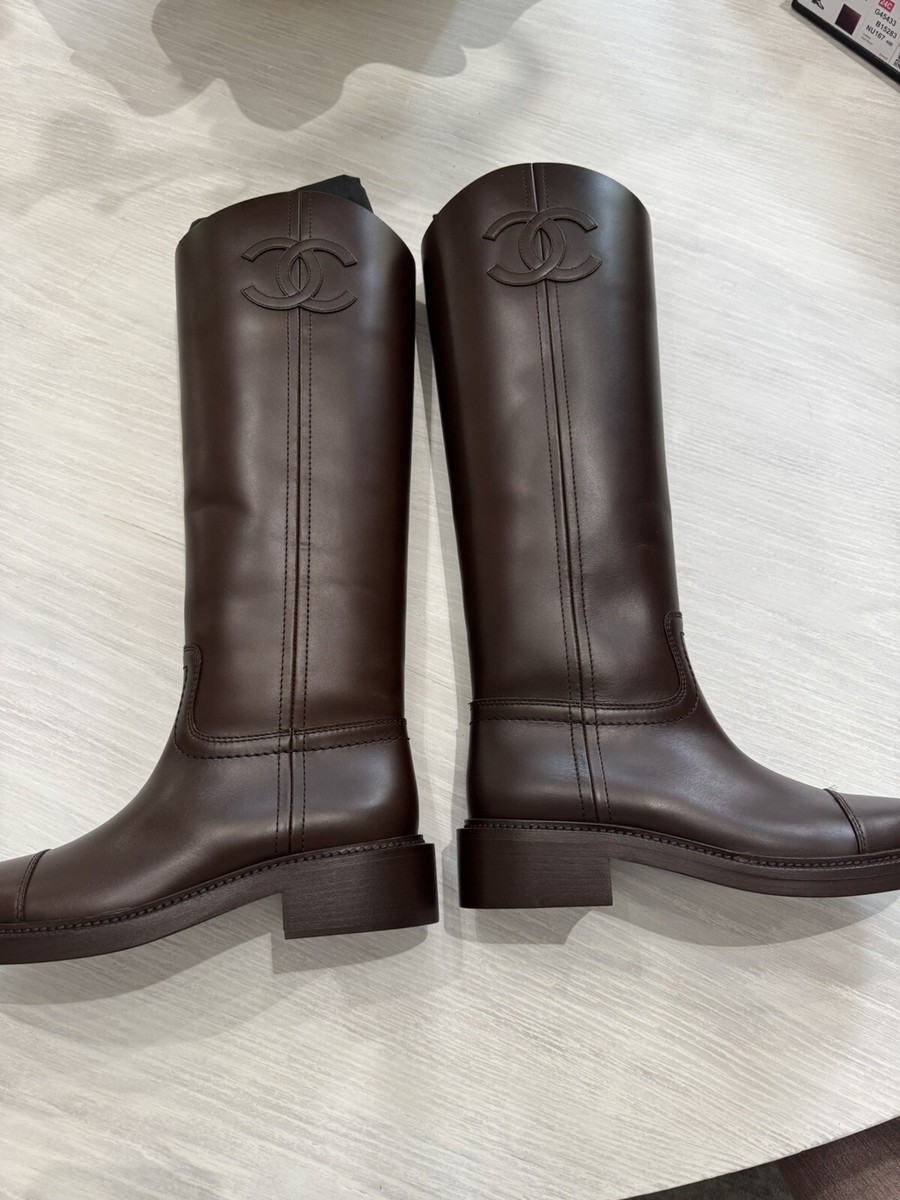 ●●●c.cos●●● CHANEL CC Logo Stretchy Leather Cap Toe Over The Knee Boots