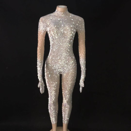 Women Rhinestone Gloves Leotard Jumpsuit Transparent Bodysuit Pant Dance Costume