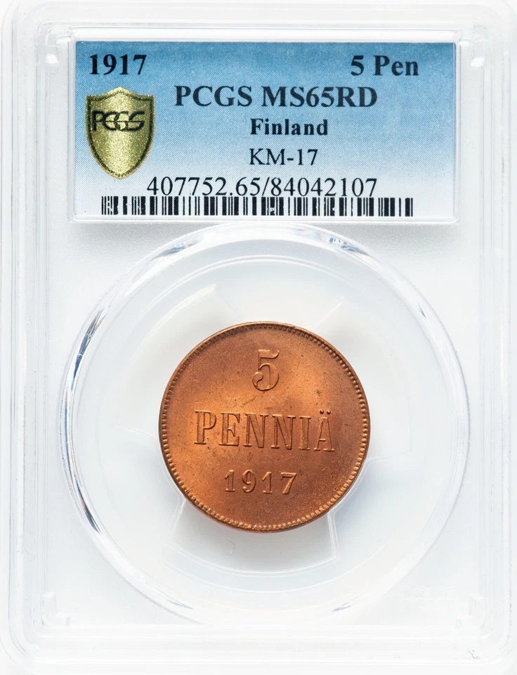 Finland - 1917 Russian Duchy Nicholas II - 5 Pennia - PCGS MS65RD - TOP POP! - Image 3 of 4