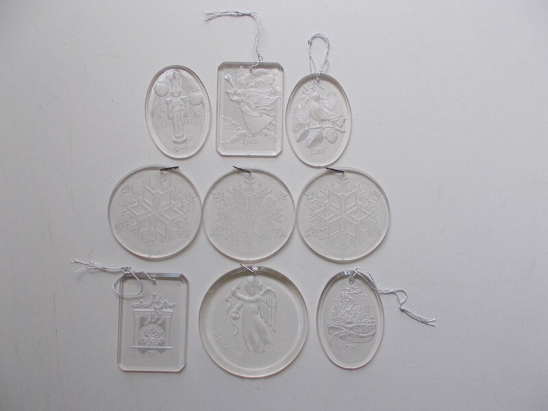 9 clear acrylic Christmas ornaments 1976 1984 1986