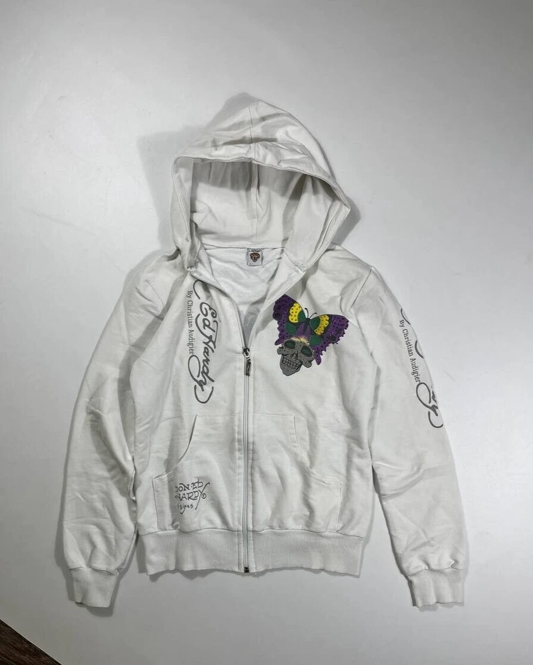 Vintage y2k Don Ed Hary Christian Audigier Roses & Hearts & Butterfly White Zip Foto 3 de 4