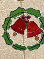 Vintage Stained Glass Christmas Holly Wreath w/ Bells Window Sun Catcher 7.5"