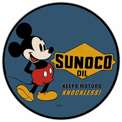 MICKEY MOUSE SUNOCO MOTOR OIL 24'' ROUND HEAVY DUTY USA MADE METAL ADV SIGN