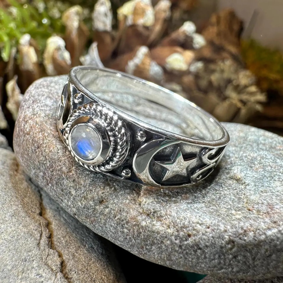 Moon Ring Triple Moon Goddess Moonstone Wiccan Pagan Stars Ring Ladies ...