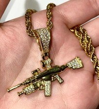 Men's 14k Gold Iced Ice out Gun Riffle Ak 47 Pistol Charm Pendant Rope Necklace