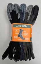 5 Pair Pack Weatherproof Outdoor Wool Blend Crew Sock Size 6-12 Black Gray Heel