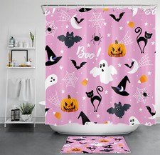 Pink Witch Black Bat Halloween Ghost Shower Curtain Bathroom Accessories Set