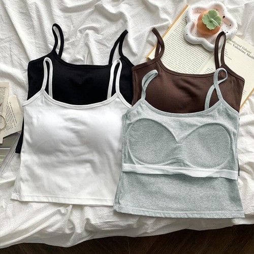 Women's Solid Color Spaghetti Straps Sleeveless Slim Camisole With Chest Pad - Picture 9 of 13