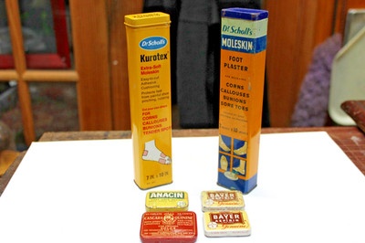 VTG TINS DR. SCHOLLS MOLESKIN, CASCARA QUININE, BAYER ASPIRIN, ANACIN