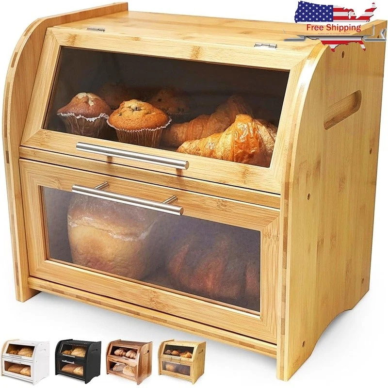 Durable Wooden Bread Storage Box W/ Clear Windows & Vent Holes Keeps Bread Fresh