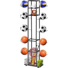 Freestanding Basketball Holder, Garage Sports Equipment Organizer with Basket