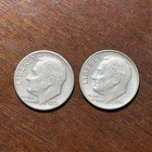 Lot of 2 pre-1965 Roosevelt silver dimes. 90% silver. Circulated condition.