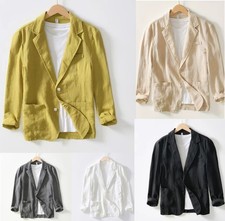 Men Casual Suit Jacket Formal Business Cotton Linen Blazer Two Button Slim
