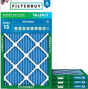 Filterbuy14x24x1 Air Filter MERV 13 Optimal Smoke & Allergy Defense (4-Pack) NEW