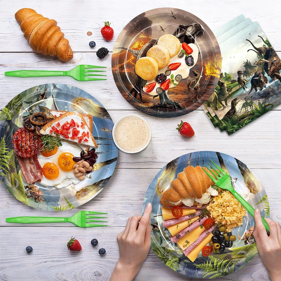 Juego de vajilla desechable 120 piezas de platos de papel servilletas suministros para fiestas de dinosaurios... Foto 4 de 4