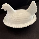 New ListingVintage White Glass Hen on Nest Covered Dish Beaded Edge 7" Farmhouse Decor