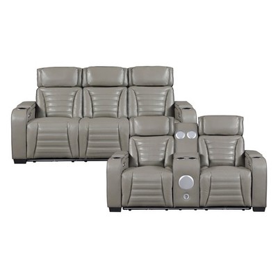 MASSAGE HEATED 2 PC GREY TOP LEATHER POWER RECLINING SOFA LOVESEAT FURNITURE