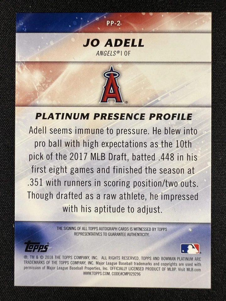 2018 Bowman Platinum #PP-2 Jo Adell Platinum Presence Autograph /50 - Image 2 of 2