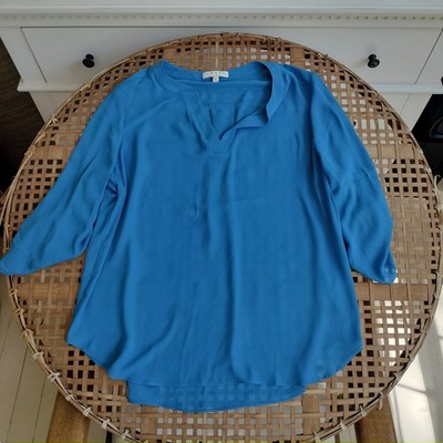 CHAUS NEW YORK Women's Blouse Top 3/4 Sleeve V-Neck High-Low Blue Color Size L
