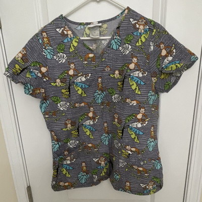 Scrubstar Women s M Gray Multicolor Monkey Pattern Medical Scrub Top V-Neck #30 