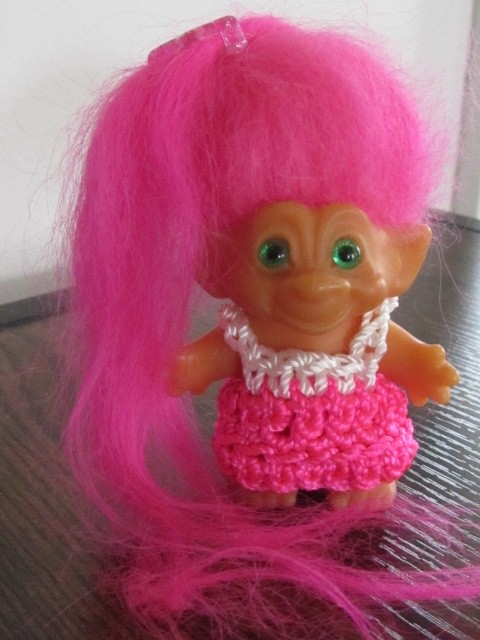 Vintage Troll Doll with Bright Pink Hair and Green Spiral Eyes