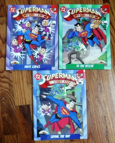 3 Vintage Superman Sticker & Coloring Books MINT UnUsed 1997 DC Comics