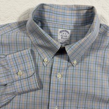 Brooks Brothers Plaid Button Down Mens 16-34 Blue Classic Non-Iron Supima Cotton