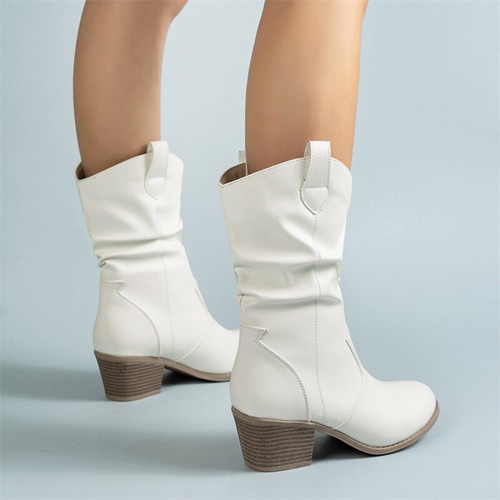 Vintage Western Cowboy Boots For Women Square Heels PU Leather Mid-Calf Shoes Au - Picture 2 of 8