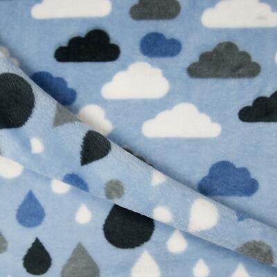 Wendbarer superweicher Kuschel Fleece Stoff Material - WOLKEN & REGENTROPFEN BLAU
