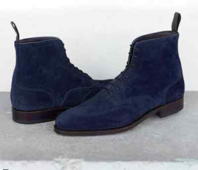 Herrenschuhe Handgefertigt Wildleder Leder Knöchelhoch Marineblau Flügelspitze Schnürstiefel