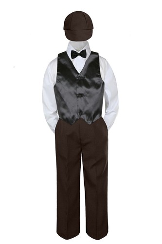 5 piezas Niño Bebé Niño Pequeño Color Moño Chaleco Traje Formal MARRÓN Pantalones y Sombrero S-7 - Imagen 4 de 25