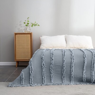 NEW West Elm Boho Blue Quilted Ruffle Knit Throw Blanket Bedding - 60'' x 80''