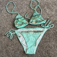 Victoria's Secret Padded XS Gold Sequin Layer Ruffle 2 Pc. Mint String Bikini