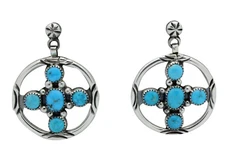 Earrings, Kingman Turquoise, 4 Directions, Navajo Handmade Henry Sam