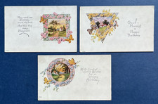 SET 3 Birthday Antique Postcards. Butterflies, Rural Scenes. Unposted.