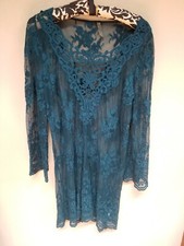 XCVI Womens Slip Cover Up Dress Size Medium Embroidered Lace Teal Long Sleeves