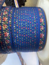 3 Y Jacquard navy blue lime green pink hot pink floral narrow ribbon 3/8"