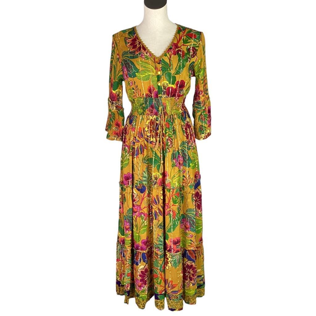 【美品】6枚セット Anthropologie Fleur De Lys Me 2 Magic Maxi Dress Women S Brown Multi Floral Long Sleeve