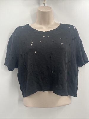 IRO  Women's Short Sleeve Scoop Neck Hole Linen Black Crop T-Shirt Size Medium