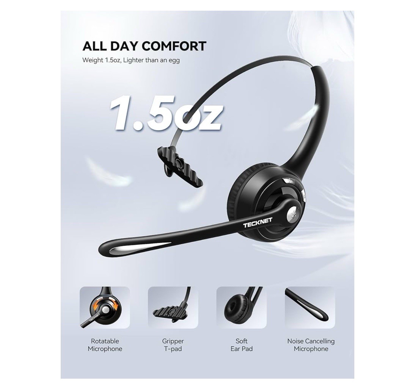 TECKNET Bluetooth Headset, Wireless Headset with Noise Canceling Microphone