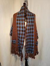 Women's Wool Brown Shawl 2 Pockets Fringe Cape Drape Blue Black Checks 80" X 46"