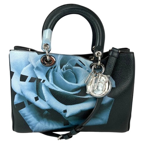 Christian Dior Dark Leather Lady Dior Bag With Floral Print Tote Bag Wo One Size