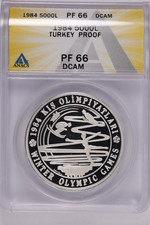 1984 Turkey 5000 Lira Winter Olympics Silver Proof 0.925 Km# 971 ANACS PF66 DCAM