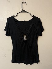 Express Blouse V Neck Tee Top Size Large Black Made In USA Vintage