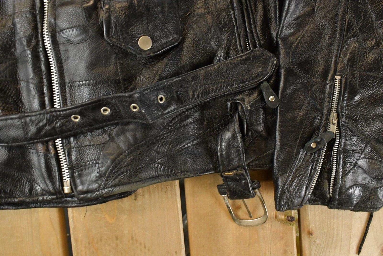 Vintage 1980s Diamond Plate Buffalo Leather Biker Motorcycle Jacket Men's 2XL image 3